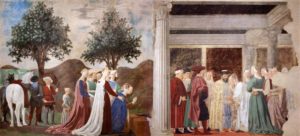 003-piero-della-francesca- adroazione del sacro legno e incontro tra salomone e regina di saba