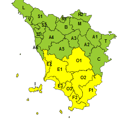 Codice giallo per mercoledì 14 dicembre nel Sud della Toscana