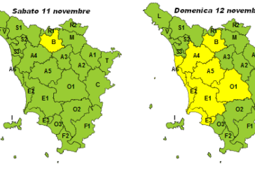 12 novembre: codice giallo per pioggia nella Toscana centro-meridionale