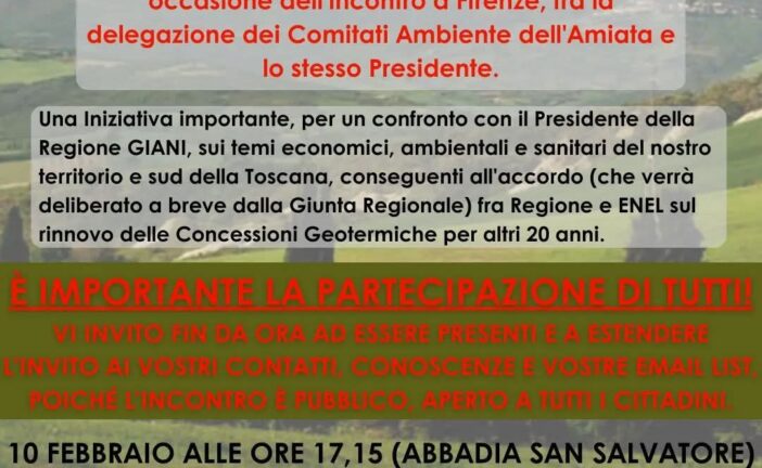 Geotermia: il 13 alle 21 ad Abbadia San Salvatore incontro con Giani