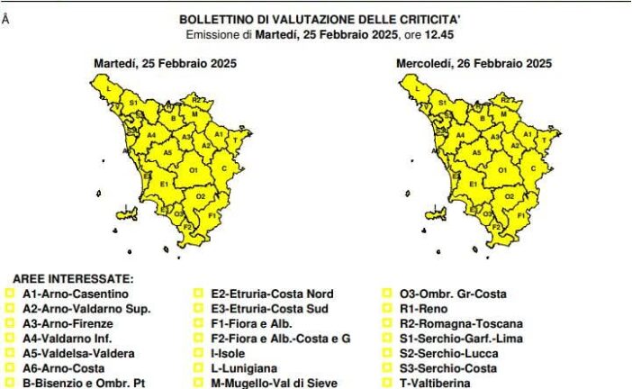 Allerta gialla per rischio idrogeologico in tutta la regione